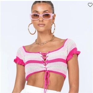 Princess Polly Honeydew Pink & White Lace-Up Crochet Crop Top Festival/Boho S/M